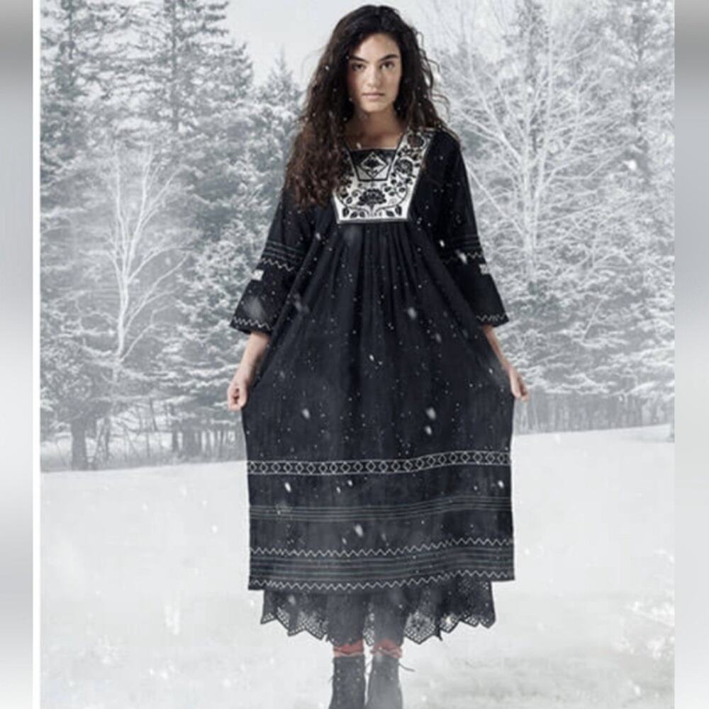 Gudrun Sjoden Black Embroidered Folklore Peasant Dress Cotton Size Large
